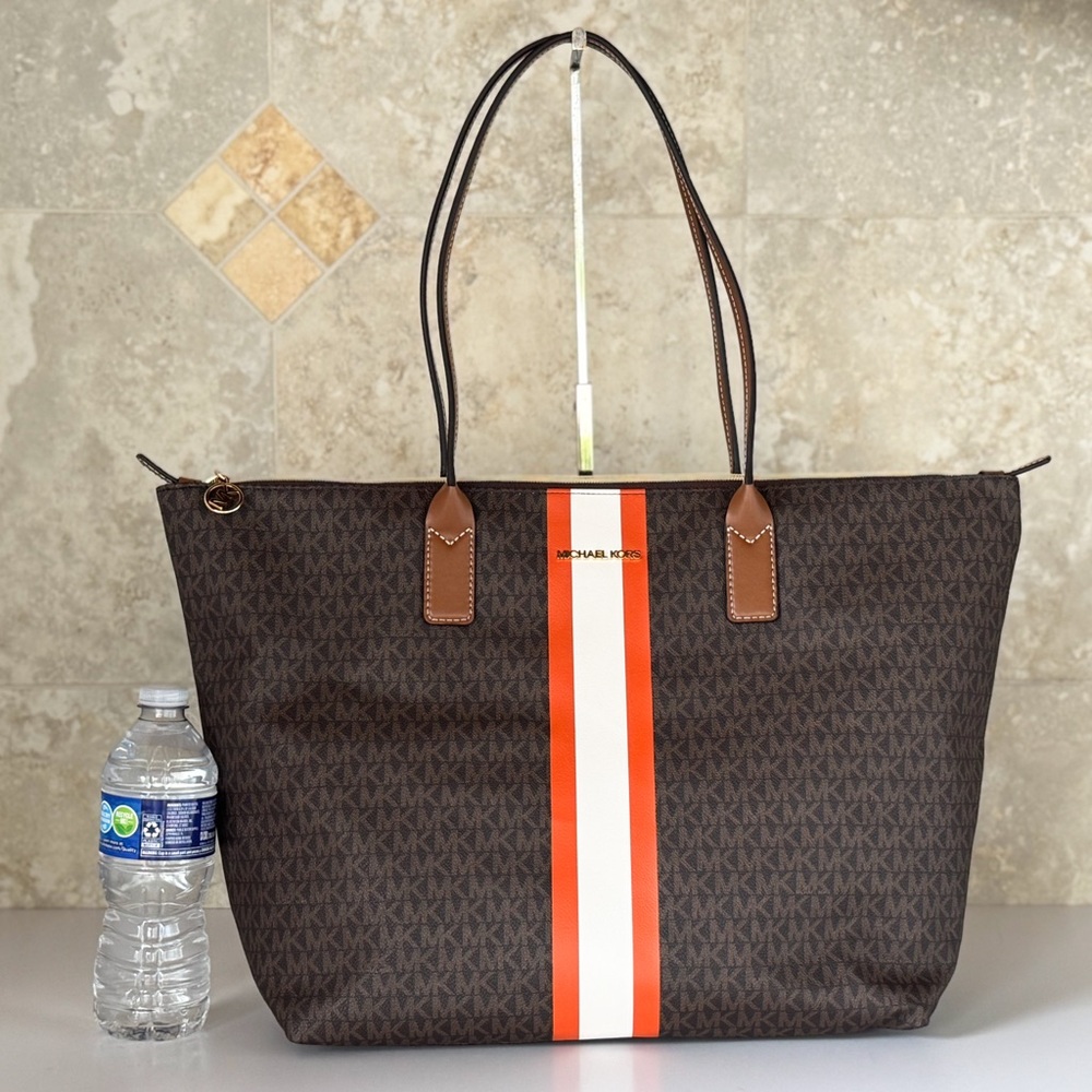 Michael Kors Travel XL Top Zip Tote Shoulder Bag MK Brown Tangerine - Picture 2 of 16